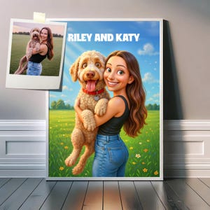 Personalised Cartoon Pet and Owner Portrait, Family Portrait with Pet,Owner and Pet drawing from photo, Pet Cartoon