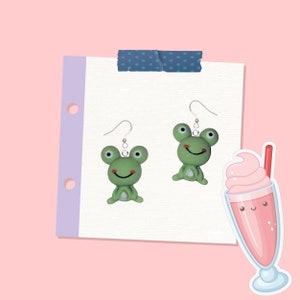 Big Eyed Frog Earrings - Dangle Pierced Clip On Jewelry - Cute Kawaii Aegyo Accessories - Fun Cartoon Animal Charm - Hypoallergenic Hook