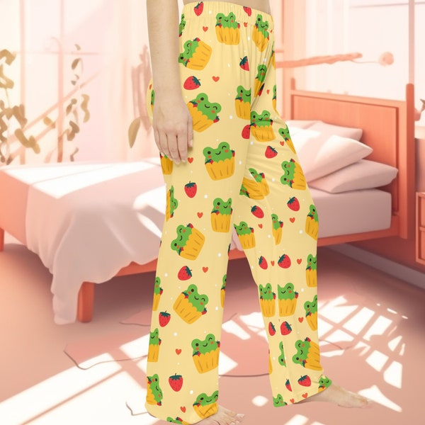 Frog Cupcake Kawaii Pajama Pants - Cute Aegyo Woman's Lounge Wear Bottoms - Comfortable Casual Loose Fit PJs Sleepwear - Ladies Size XS-4XL