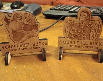 Laser-cut "MAYRO" and "KIDS" Wood Standees from "Your Level Sucks"