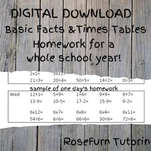Könnte beinhalten: Ein druckbares Arbeitsblatt für grundlegende mathematische Fakten und Multiplikationstabellen-Hausaufgaben. Das Arbeitsblatt trägt den Titel "Digitaler Download Grundrechenarten & Multiplikationstabellen Hausaufgaben für ein ganzes Schuljahr!" und enthält ein Beispiel für die Hausaufgaben eines Tages für Mittwoch.