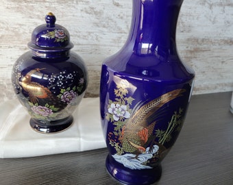 Two Complimentary Japanese Style Cobalt Blue Vases Peacock Quail