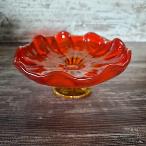 Vintage Orange Glass Compote Stand UV Reactive Red Orange Glow Pedestal Dish, Cadmium Selenium Glassware, Retro Ruffled Centerpiece Bowl