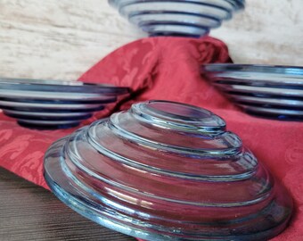 Four Blue Glass Pyramid Bowls Retro Kitchen Decor