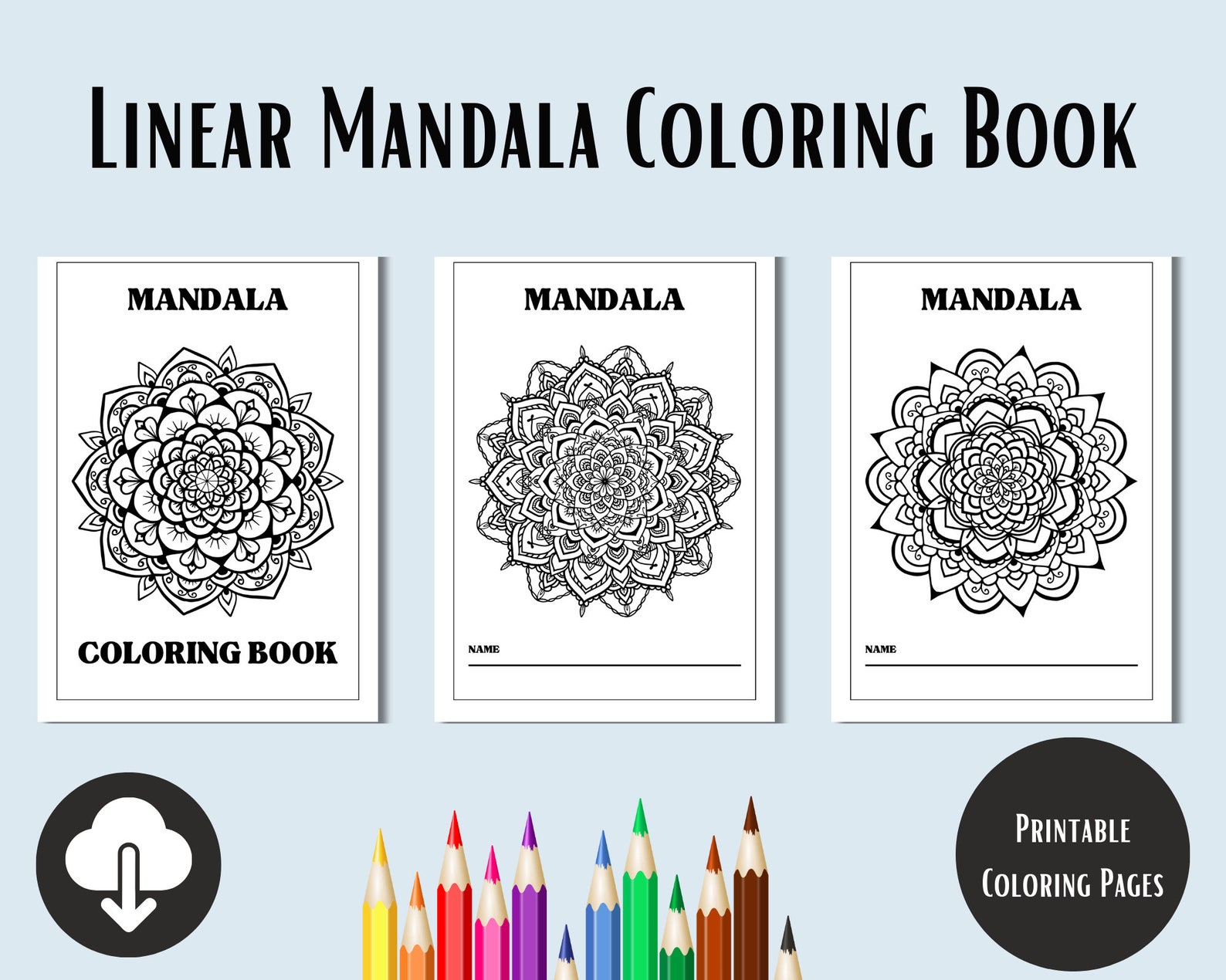 Linear Mandala Coloring Book Worksheet, Black and White Design