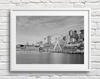 Seattle Skyline Black and White Photo Print: Seattle, Washington | 35mm Film Photograph | Seattle Waterfront | Space Needle | Puget Sound