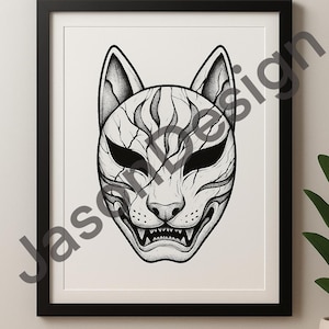 May include: Black and white illustration of a Kitsune mask in a black frame. The mask features detailed line work, with a fierce expression and sharp teeth. The artwork is displayed on a white background.