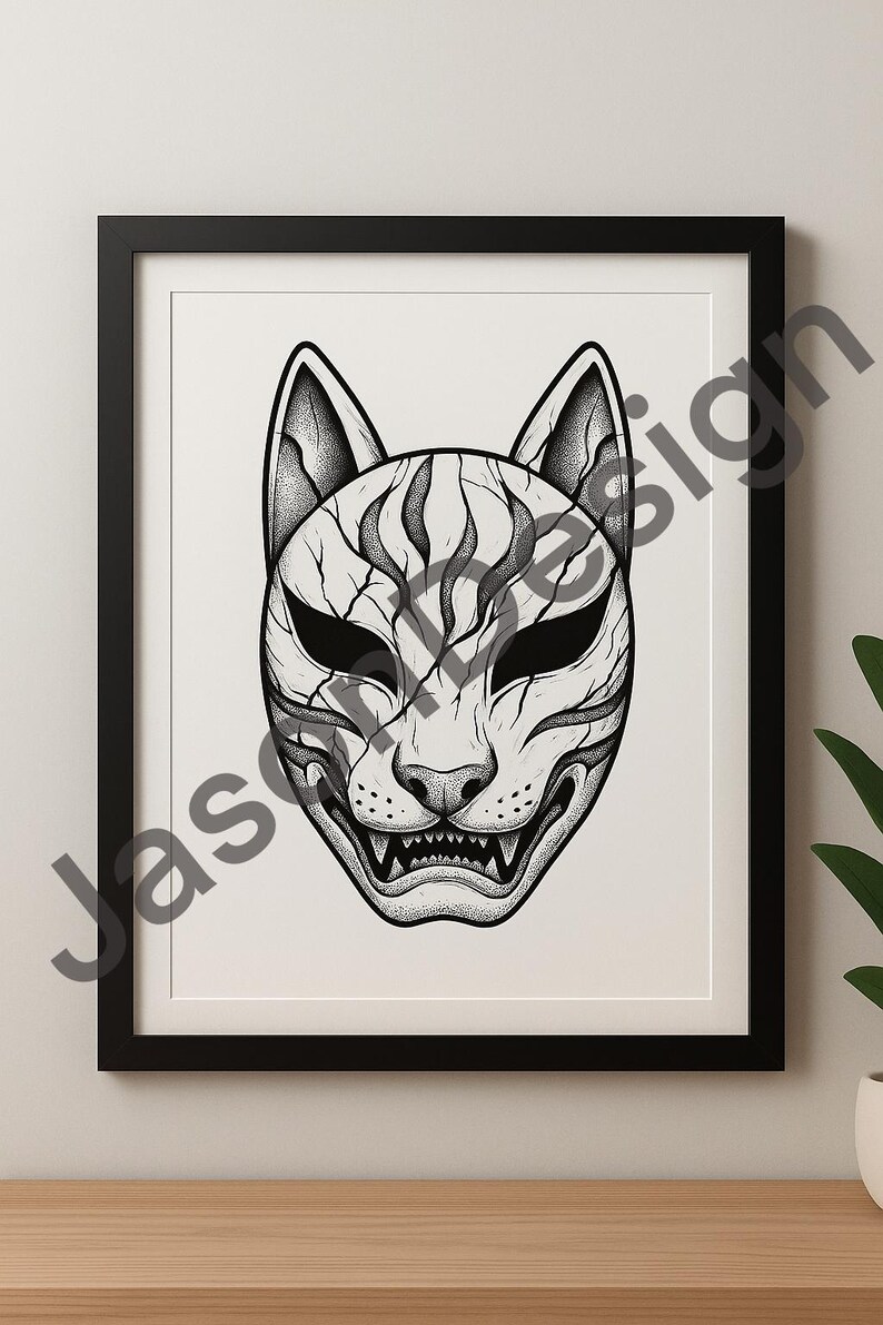 May include: Black and white illustration of a Kitsune mask in a black frame. The mask features detailed line work, with a fierce expression and sharp teeth. The artwork is displayed on a white background.