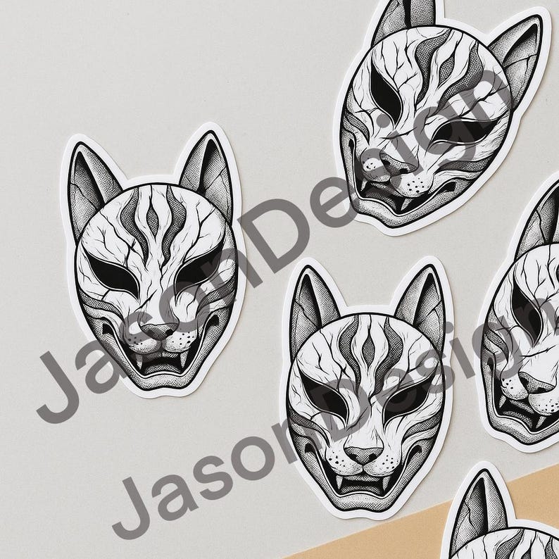 May include: A collection of white stickers featuring a stylized, black and white Kitsune mask design. The masks have a fox-like appearance with intricate line details, including the eyes, nose, and mouth. The stickers are arranged on a light gray surface.
