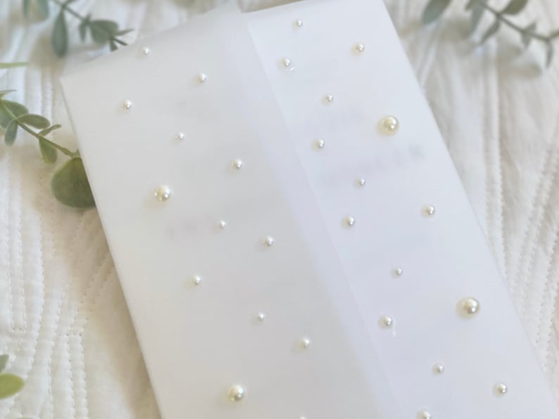 May include: A white envelope with a delicate pearl design. The envelope is made of a translucent material, and the pearls are scattered randomly across the surface.
