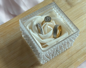 Personalized Acrylic Wedding Ring Box with Rose, Engagement Ring Display