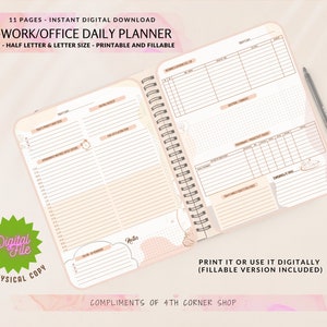 May include: A printable daily planner with a pink and beige color scheme. The planner has a spiral binding and includes sections for daily tasks, notes, and goals. The text "@WORK/OFFICE DAILY PLANNER" is printed at the top of the page. The text "PRINT IT OR USE IT DIGITALLY (FILLABLE VERSION INCLUDED)" is printed at the bottom of the page.