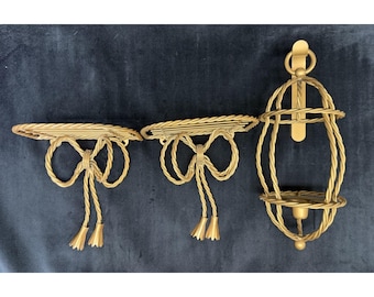 Vintage Gold Metal Bow Wall Shelves (2) & Taper Candle Sconce Coquette Regency