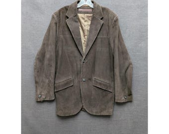 Perry Ellis Brown Leather Suede Suit Coat Sport Coat Professor Dark Academia XL