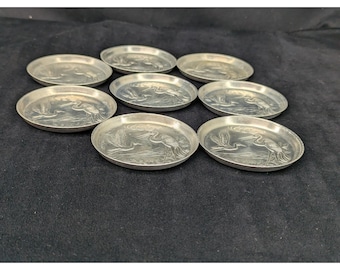 Lot Set of 8 Vtg Aluminum  Drink Coasters Barware With  Wading Cranes 1950 3"