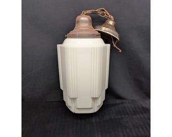 Vintage Art Deco Skyscraper Milk Glass Pendant Light Aged Canopy W/ Chain
