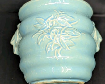 Vintage McCoy Leaf & Berries Blue Jardiniere Planter Tassels 7" Tall USA