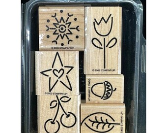Stampin' Up! SIMPLE SEASONS 6 Wood Mounted Rubber Stamps 2003 VTG Flower Snow