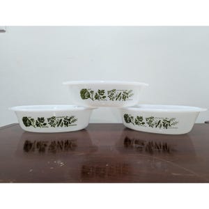 Set of 3 VTG MCM Glasbake Casserole Dish 1 Qt. J 235 USA Green Herb Excellent!