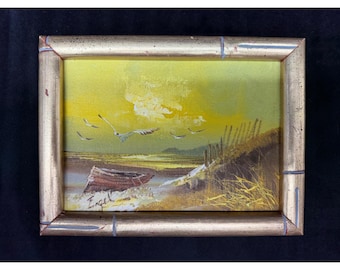 Engel Signed Oil Painting With Frame Seaside Seagulls Rowboat Nautical 6" x 8"