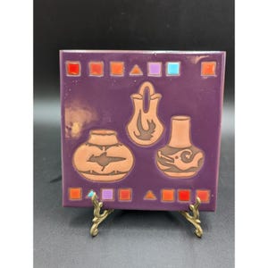 VTG Masterworks Hand Crafted Art Tile Trivet Pots Southwest Style Purple Cork Bk