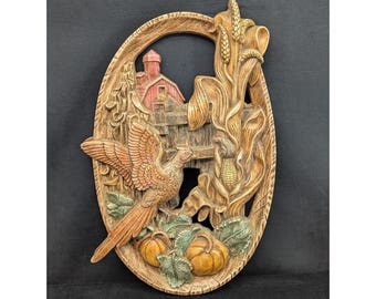 Vtg 1970s Ceramic Barn Pheasant Corn Stalks Pumpkin Farm Oval Wall Hang Autumn