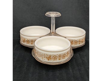 RARE Gemco Pyrex Butterfly Gold Lazy Susan Relish 3 Bowl Server Set No Lids
