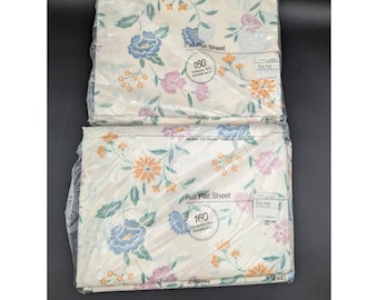 2 JCPenney NOS Vtg Stitched Floral Full Flat Sheet White USA 1980's Dracon Blend