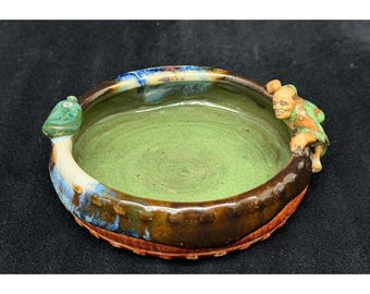 Vintage Rare Japanese Sumida Gawa Bowl Old Man & Turtle 4.5"W Signed Pottery