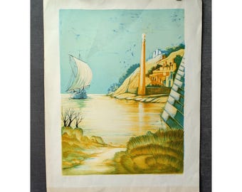 Vitali Orfeo Lithograph Signed Numbered Moored Sailboat Landscape Town 19.5x25.5
