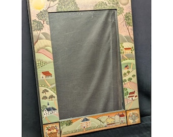 Vtg B.Burke Style 90s Hand Painted Country Folk Landscape Frame Mirror 24" x 18x