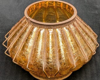 Amber Caged Crackle Glass Vase Metal Rod Spanish Gothic Style Vintage Chandelier