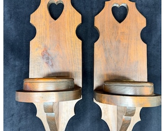 Vintage Cottage Core Wooden Candle Wall Sconces Heart Cutouts (2) Granny Core