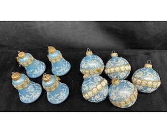 Vtg Krebs Christmas Classics 4 Bells 5 Balls Hand Painted Blue Ornaments Germany