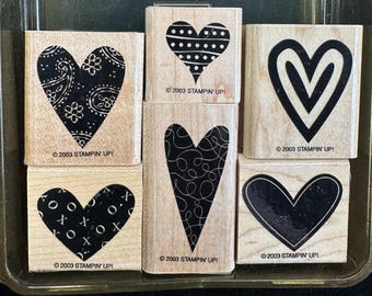 Stampin' Up! HAPPY HEARTS 6 Wood Mounted Rubber Stamps 2003 Hearts Valentines