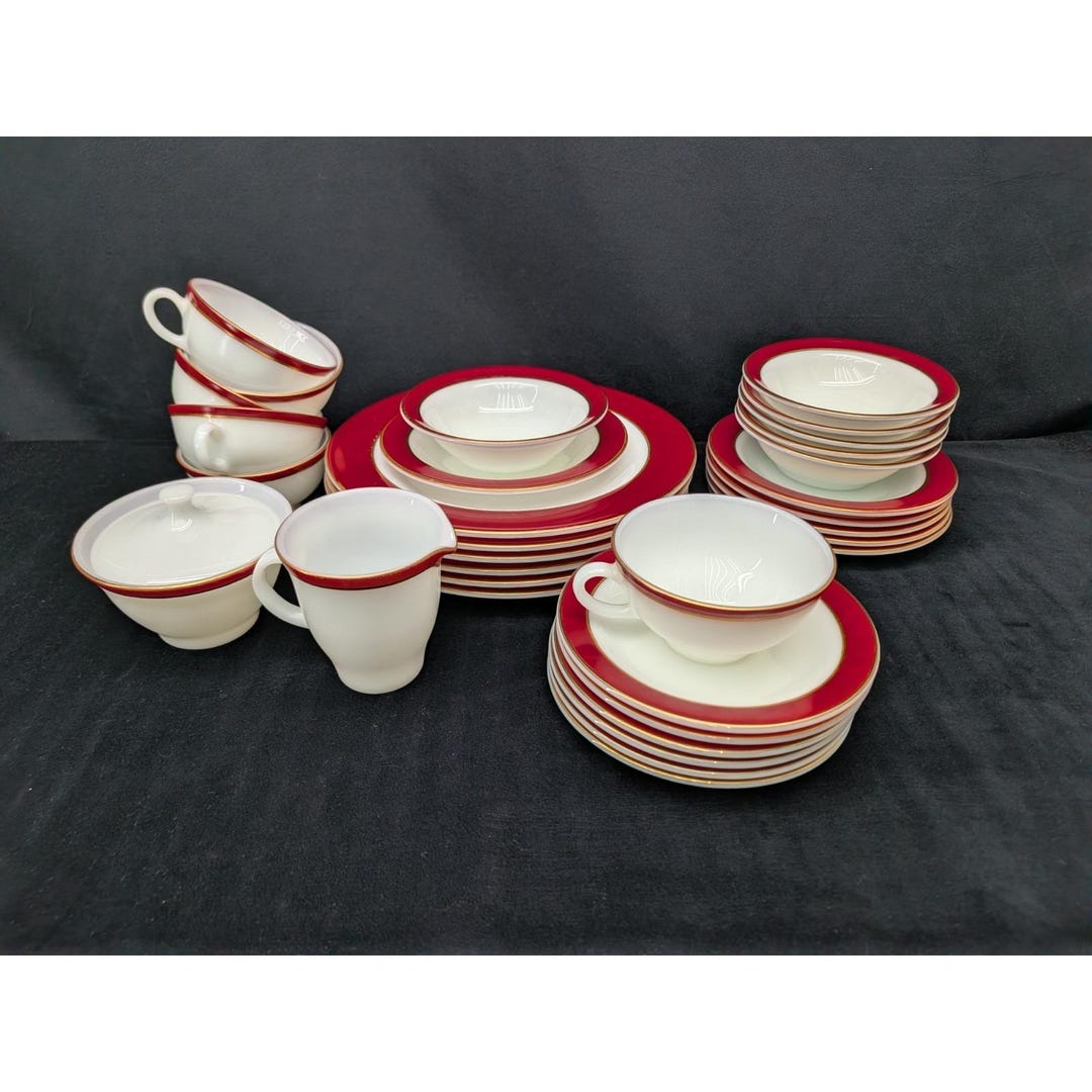 Vintage Pyrex Milk Glass Dinnerware Set – Red Gold Trim, 33-piece MCM 6 ...