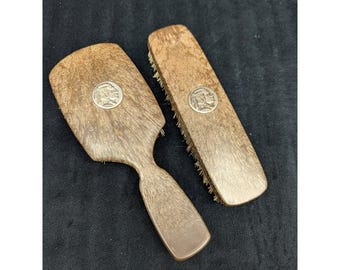 Rare VTG Brush Set Inlay Indian Head Brown Plastic Shoe Brush USA Pair