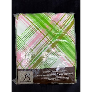 BIBB One Double Size Bottom Fitted Sheet Pink/Green Plaid Retro Craft Material