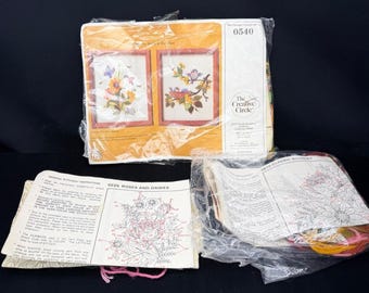 Vintage The Creative Circle Crewel Kit Lot of 3 80s Floral & Birds Boho Cottage