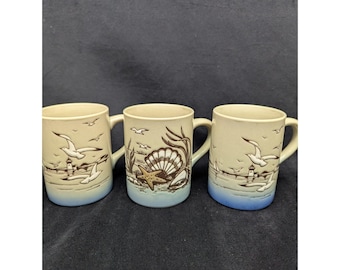Down East Crafts Stoneware Mugs Seagulls Lighthouse Nautical Beach Shells (3)