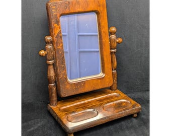 Vintage Rustic Pine Wood Tabletop Dresser Vanity Swivel Mirror Jewelry Tray