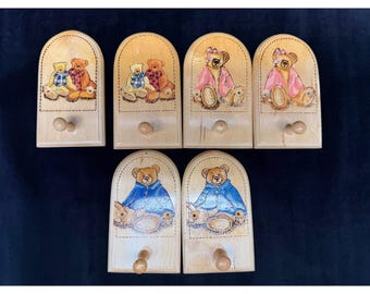 Nursery Room Clothes Coat Hangers Hooks Wooden Bear Theme Bear Family Set of 6