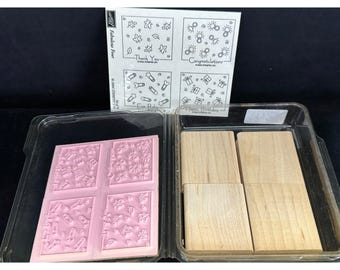 Stampin' Up! FABULOUS FOUR Wood Mounted Rubber Stamp 2004 Vtg Congrats Baby HBD