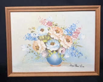 Ameri Flora '92 Oil Painting Floral Bouquet Pastel Flowers In Vase Hand Painted