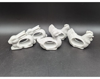 5 servilleteros vintage de porcelana blanca con forma de animales de granja: pollo, pato y conejo, fabricados en Japón.