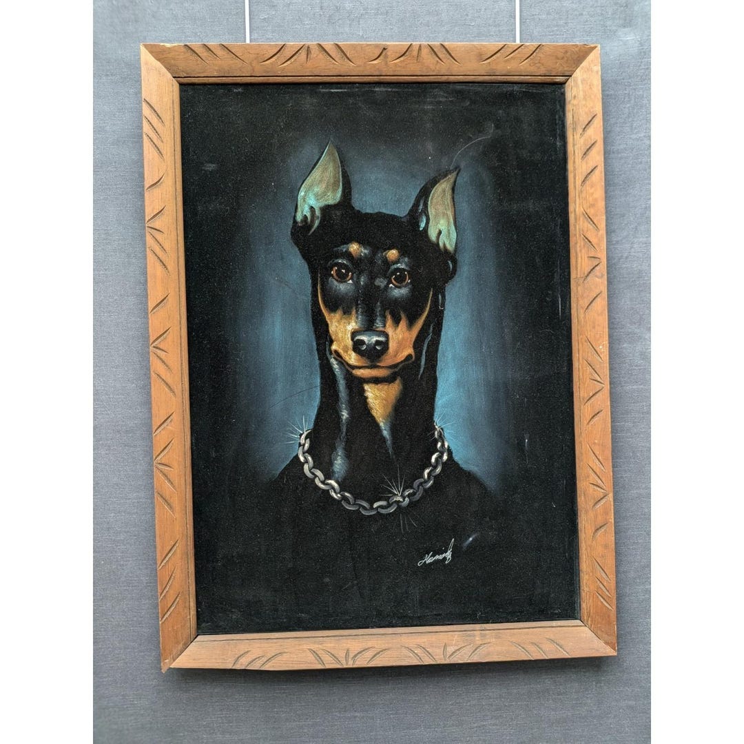 VTG Black Velvet DOBERMAN Painting 28x38 Carved Wood Frame Mexico