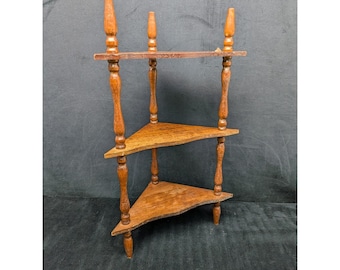 VTG Wood Corner Hanging Spindle Small 3 Tier Wall Shelf Knick Knack 19" - READ