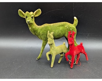 3 VTG MCM Green and Red Flocked Deer Reindeer - 2 small one medium - Hong Kong