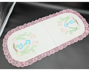 VTG Hand Embroidered Blue Pink Floral Dresser Scarf Table Runner 13.5"x30" Lace