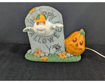 VTG Halloween Tombstone Ghost Jack-o-Lantern Ceramic Electric Handmade